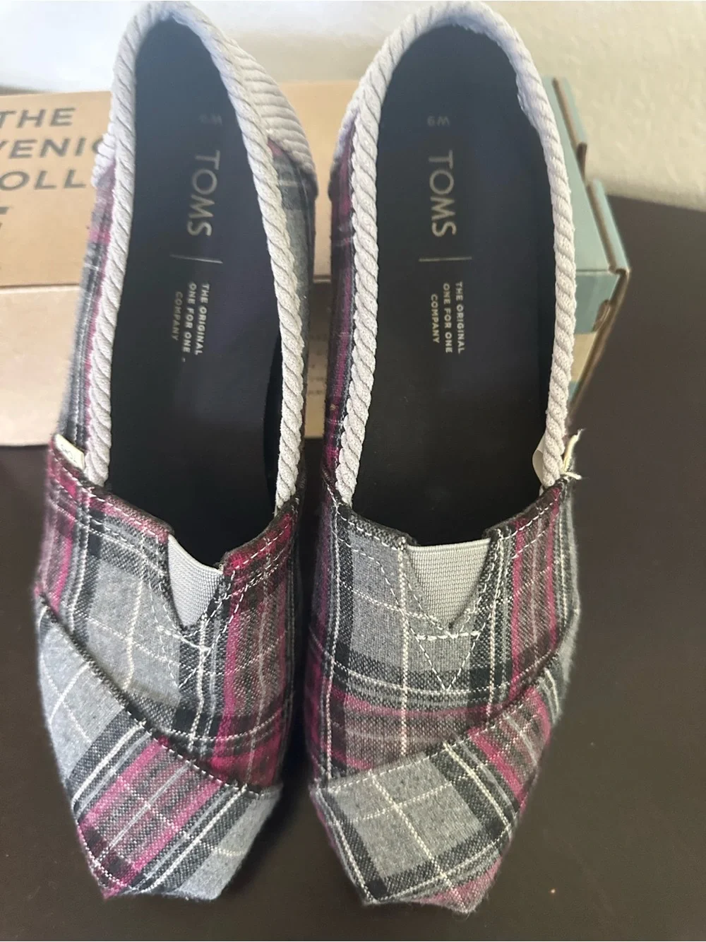 Toms Plaid Grey and Burgundy Slip-On Flats